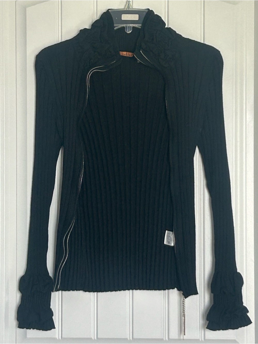 Belldini Black Ribbed Zip-Front  Cardigan Ruffle Mock Neck Sweater